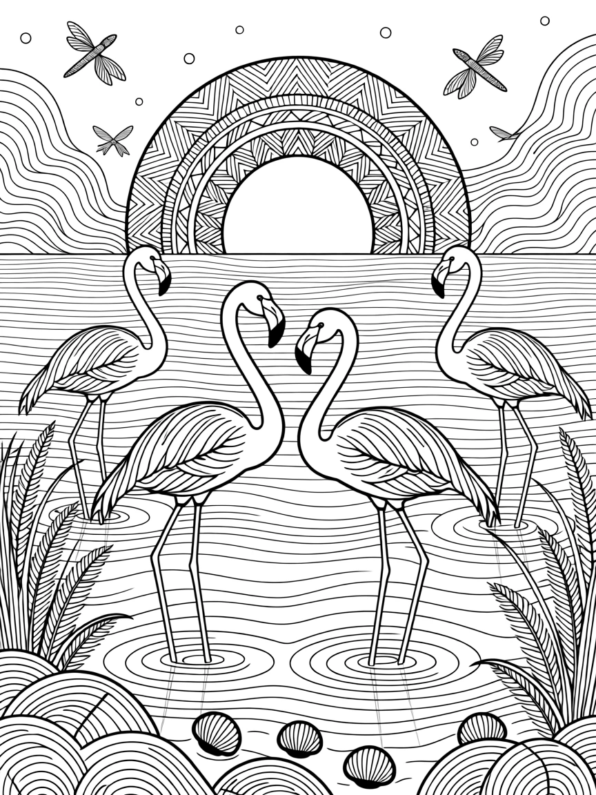 A group of flamingos standing in shallow water at sunset.