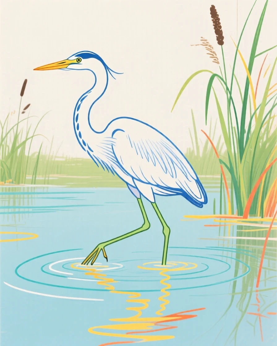 A heron wading through a quiet marsh.