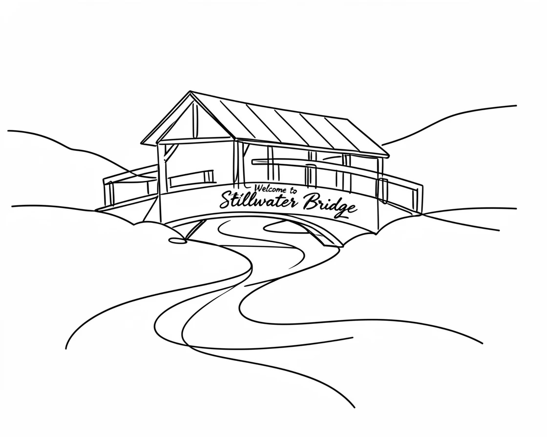 A rustic covered wooden bridge crossing a peaceful countryside stream