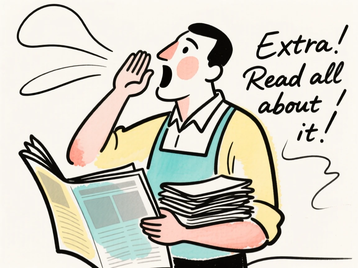 A newspaper vendor calling headlines