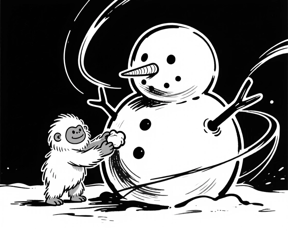 A tiny yeti creature building a small snowman twice its size.