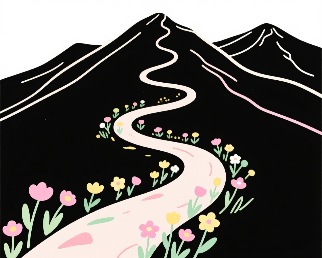 A winding mountain trail lined with wildflowers leading toward distant peaks.