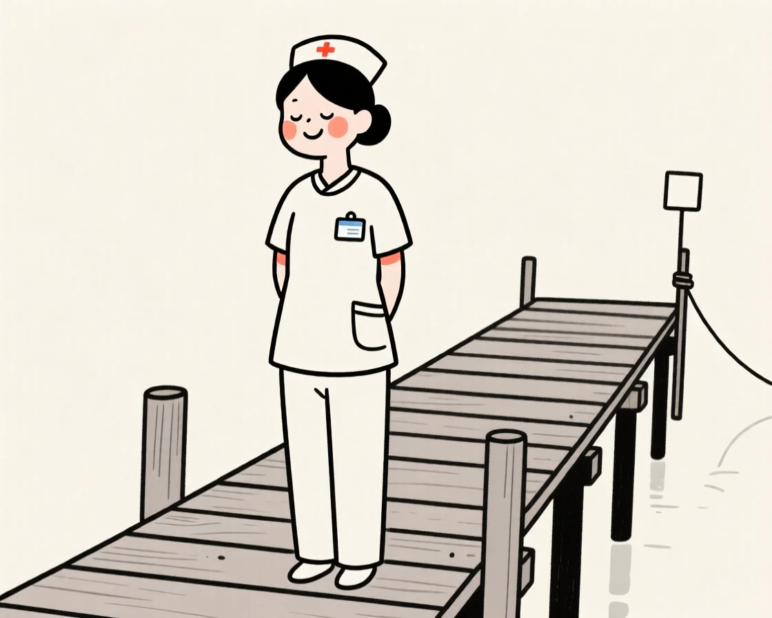 A nurse smiling at the end of a long day on a wooden fishing pier.