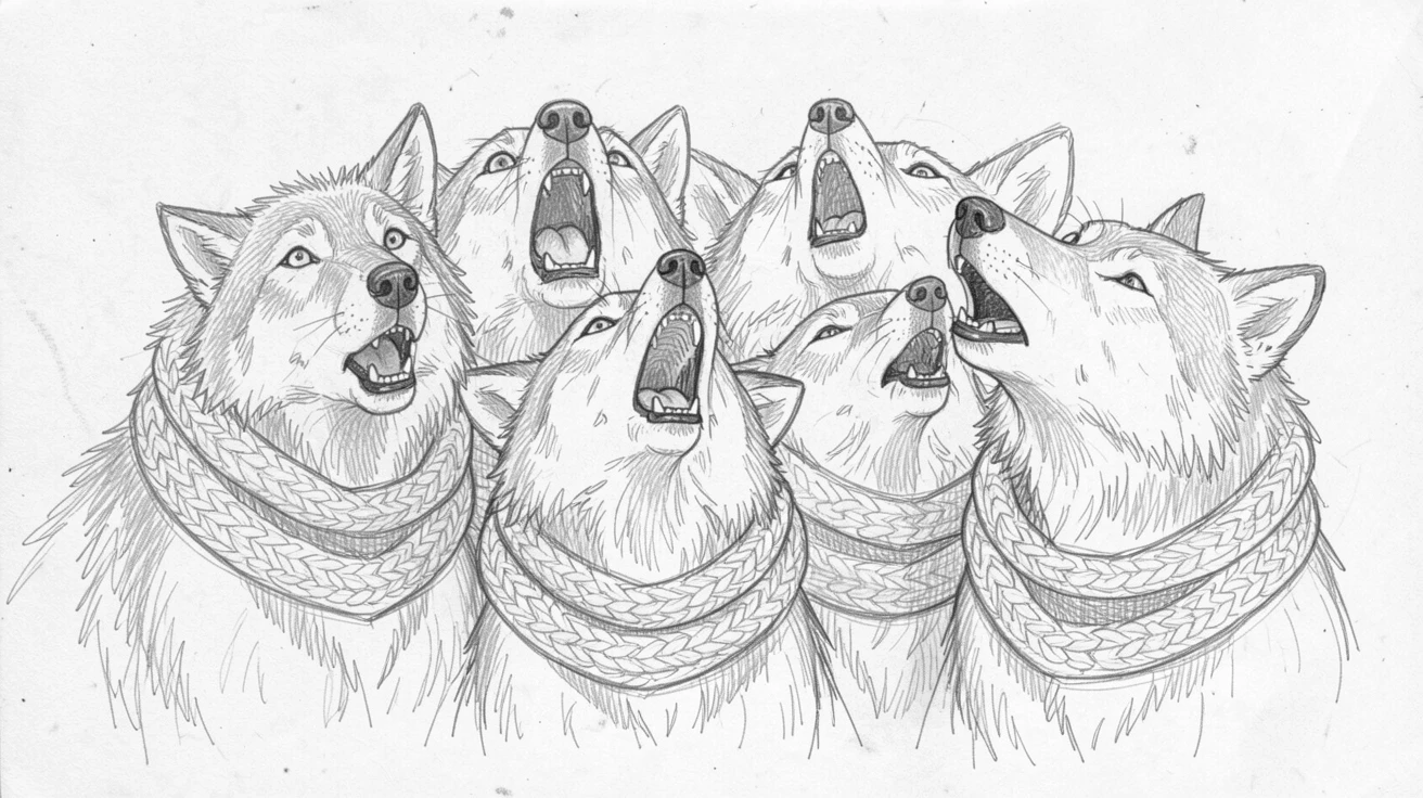 A heartwarming scene of a pack of howling wolves gazing curiously at the camera, wrapped loosely in a knitted scarf.