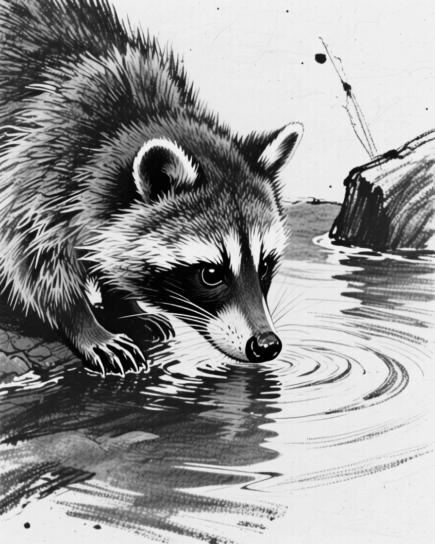 A raccoon drinking from a crystal-clear stream.