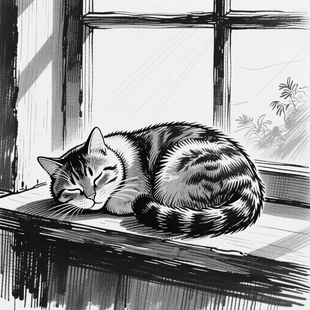 A cat curled up asleep in a sunbeam on a windowsill.
