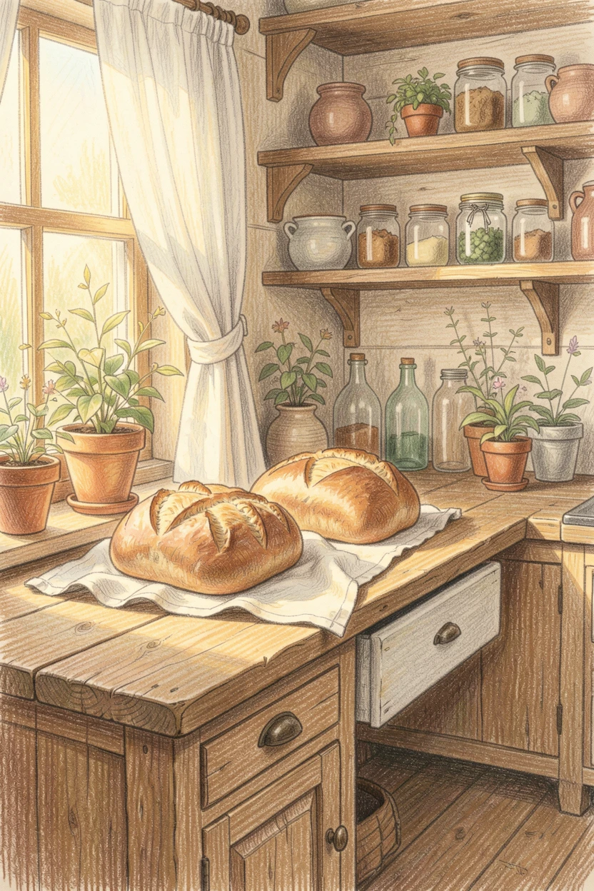 A rustic farmhouse kitchen with fresh bread cooling on the counter, with warm golden light spilling across the room, perfect for anyone who loves cottagecore charm.
