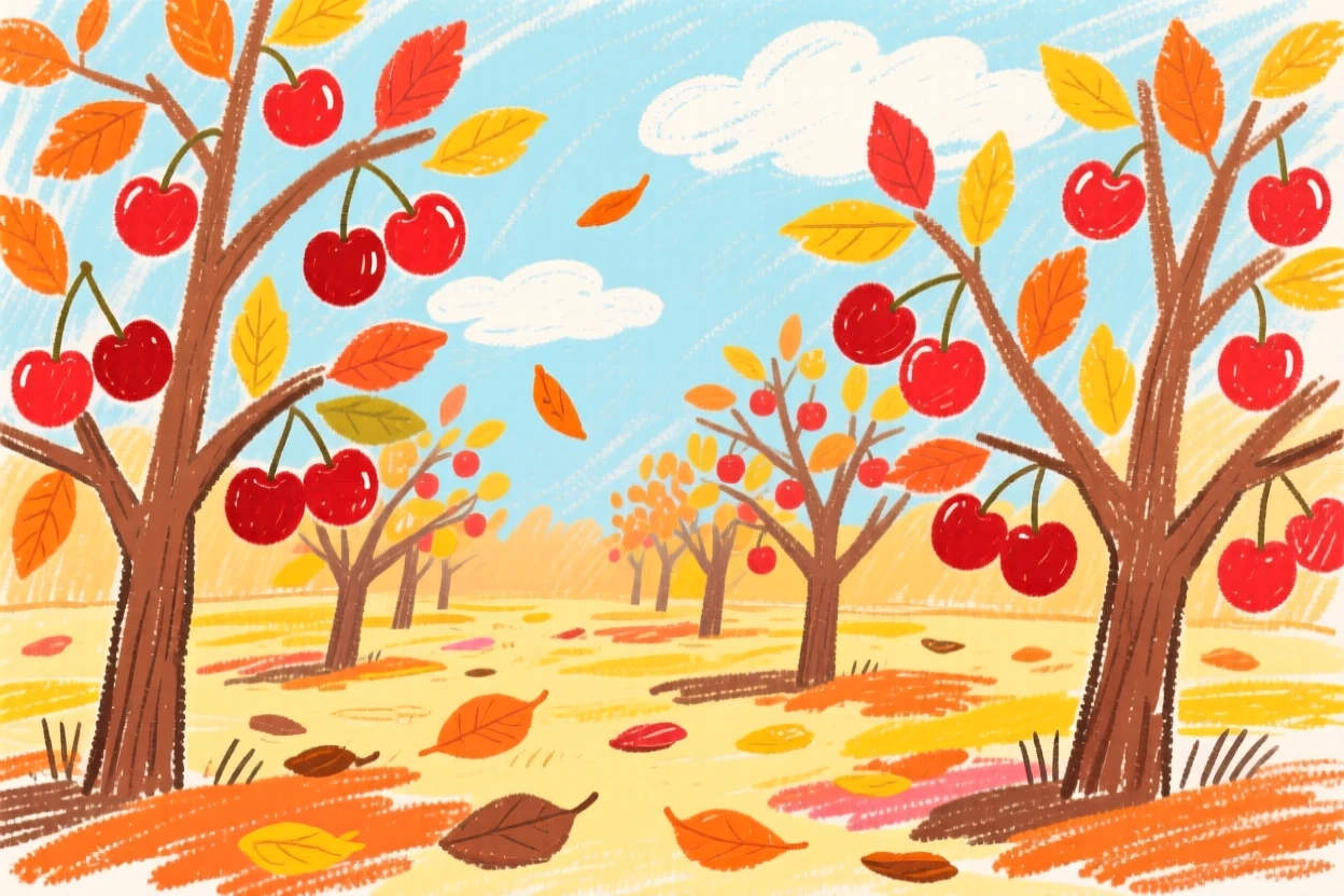 A view of a cherry orchard surrounded by drifting autumn leaves.