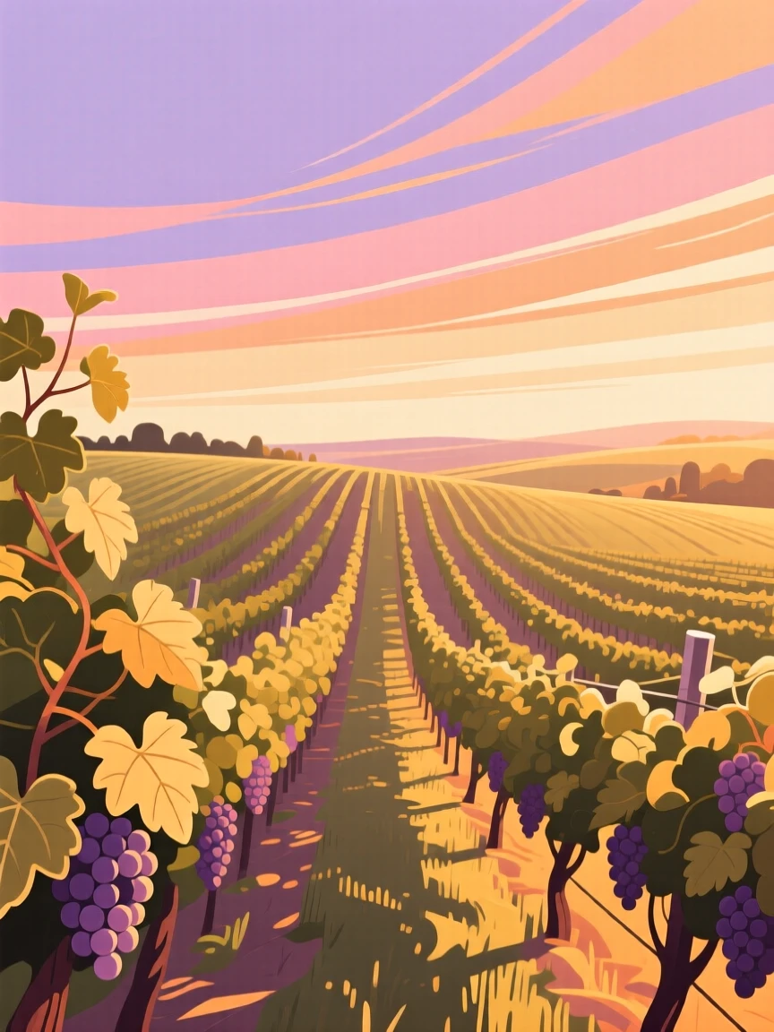 A rolling vineyard bathed in late afternoon light, beneath a wide open sky streaked with color, captured from a low vantage point to emphasize scale, with delicate textures visible in every leaf and petal.