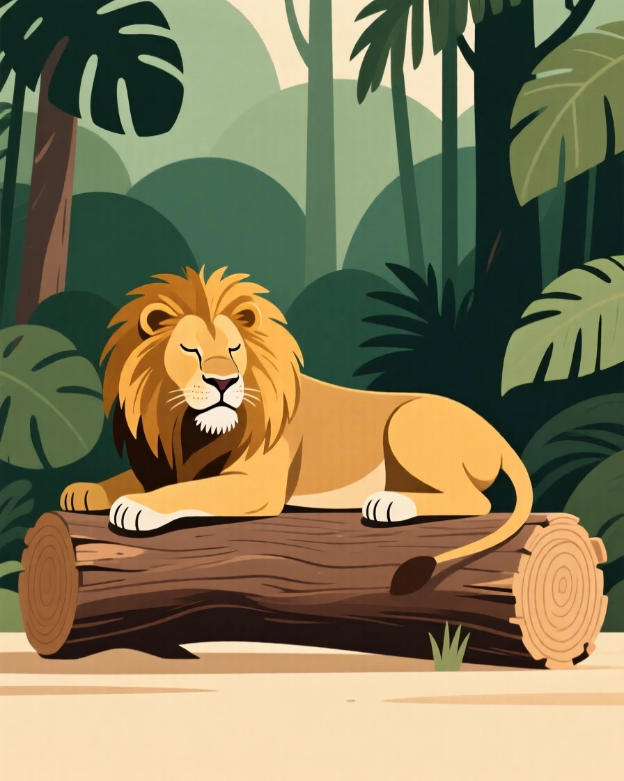 A majestic lion resting on a fallen log overlooking the dense jungle.