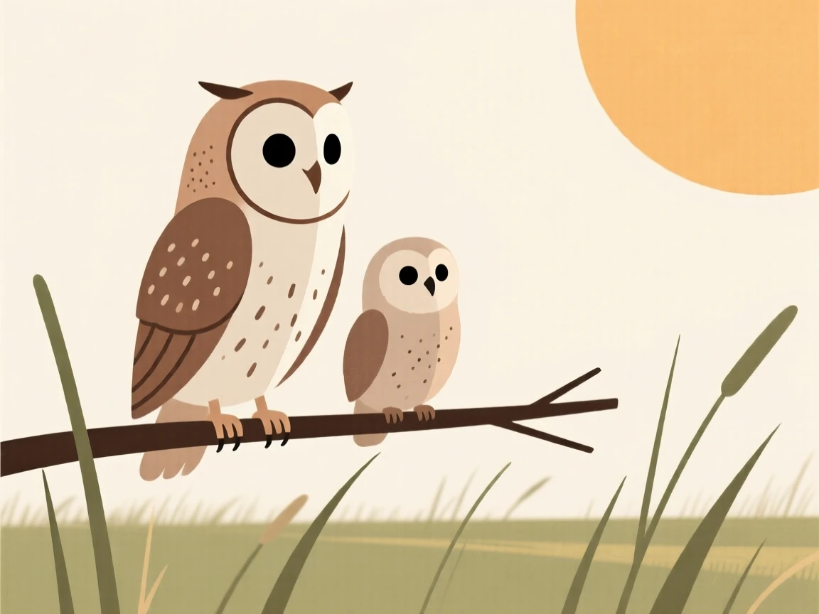 A barn owl and its young pausing to look around together in a sunlit meadow, expressing calm contentment.