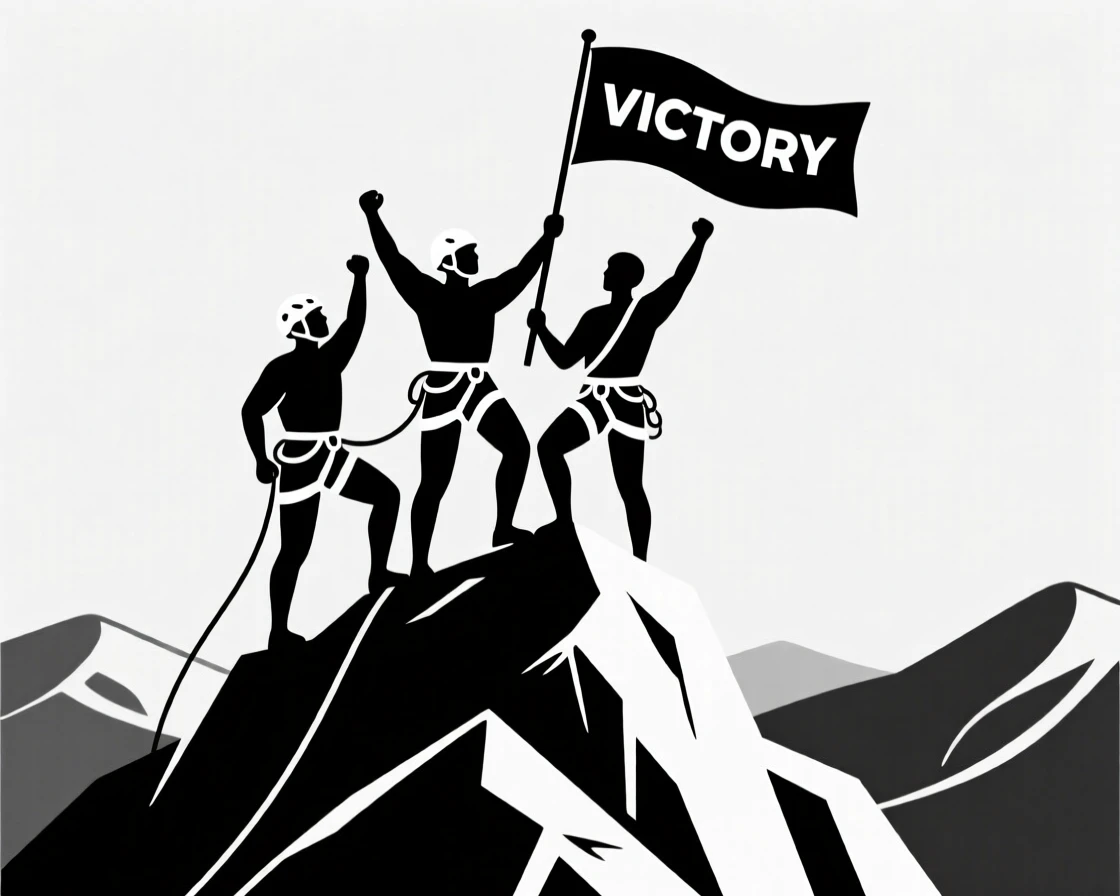 A rock climbing team celebrating at a summit.