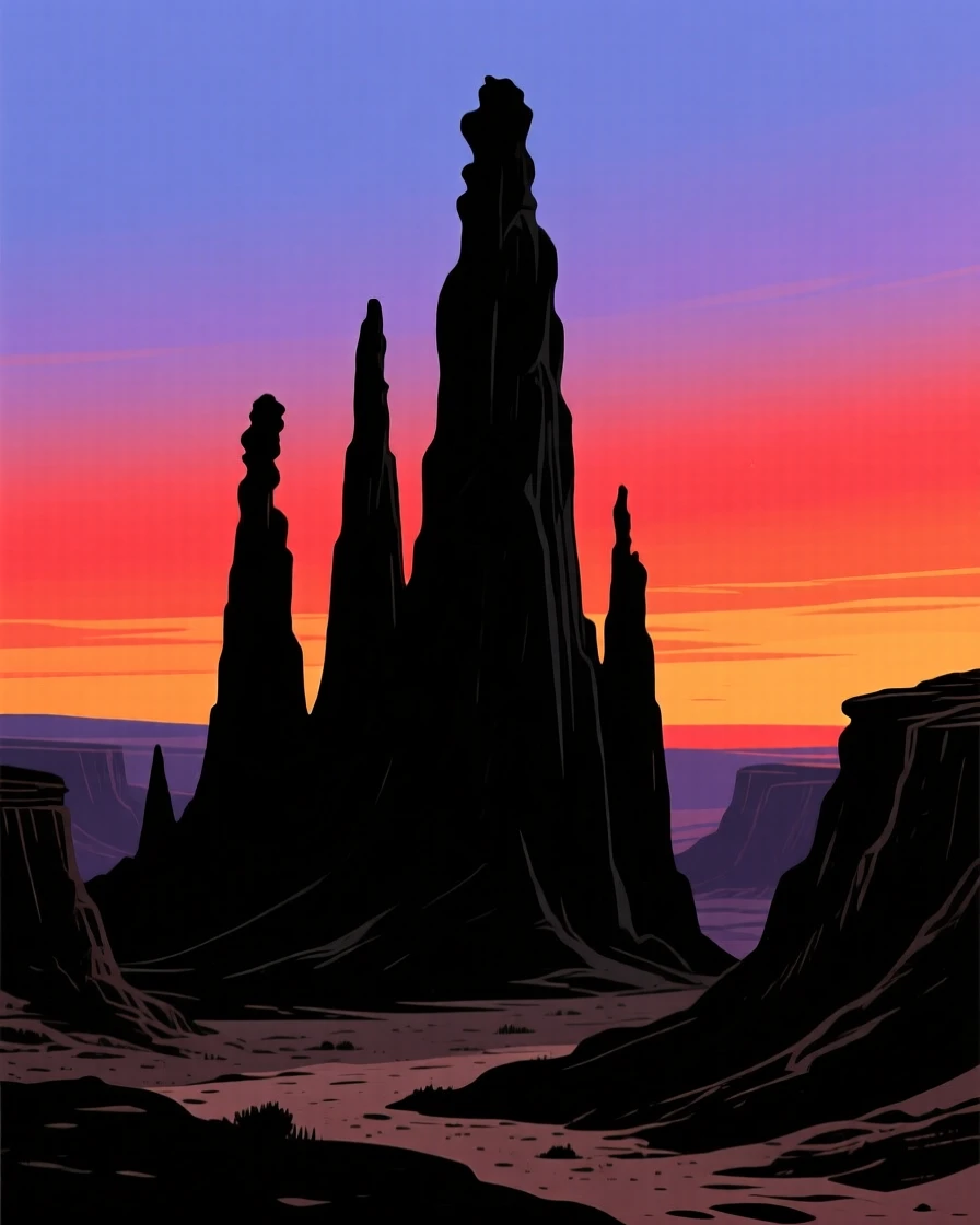 Towering hoodoo rock spires rising from a canyon floor.