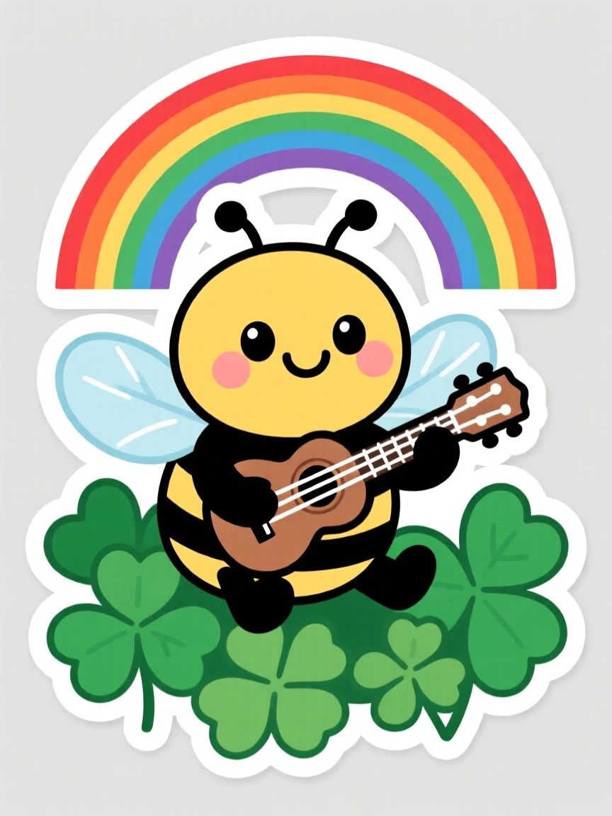 A sweet-faced round bumblebee mascot playing a miniature ukulele, on a bed of clover under a rainbow.