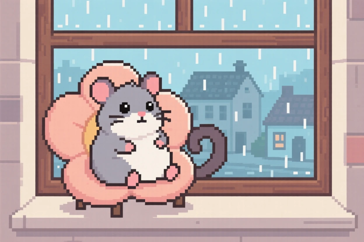 A chubby chinchilla sitting inside a flower like a cozy chair, on a windowsill overlooking a rainy town.