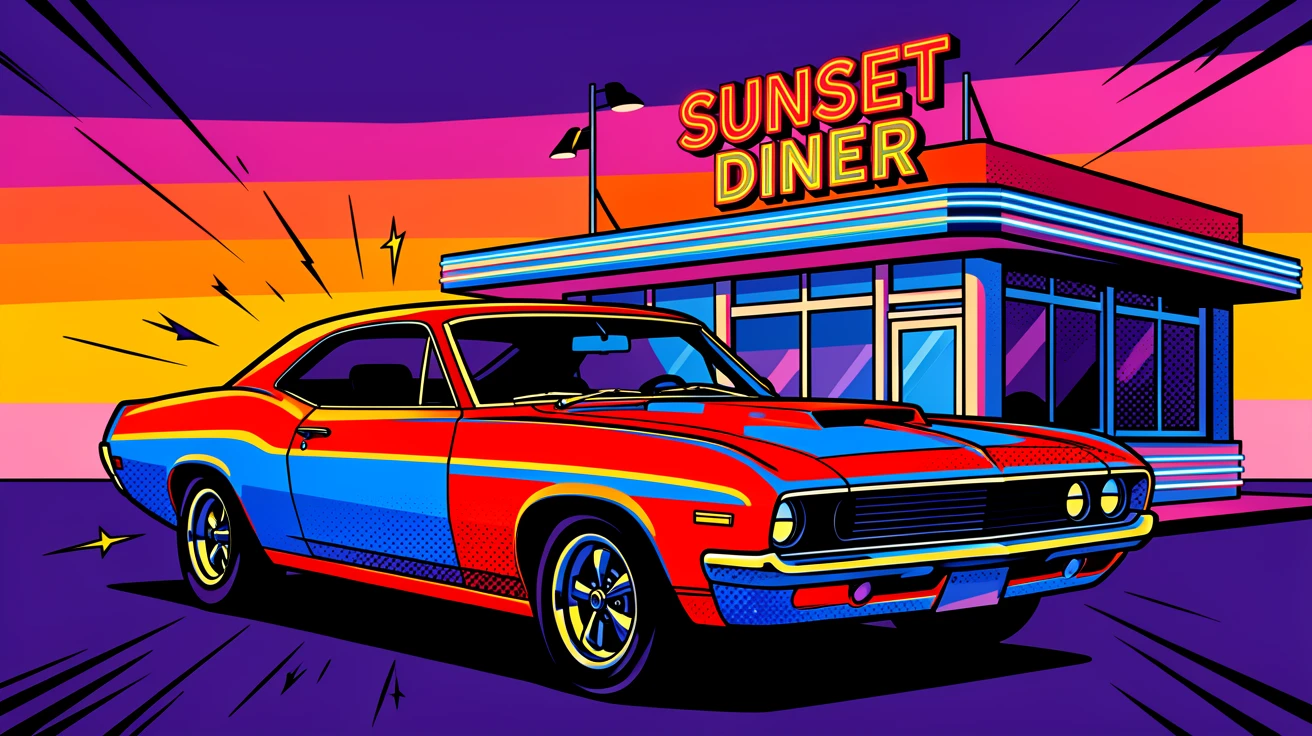 A classic muscle car parked before a retro diner at dusk