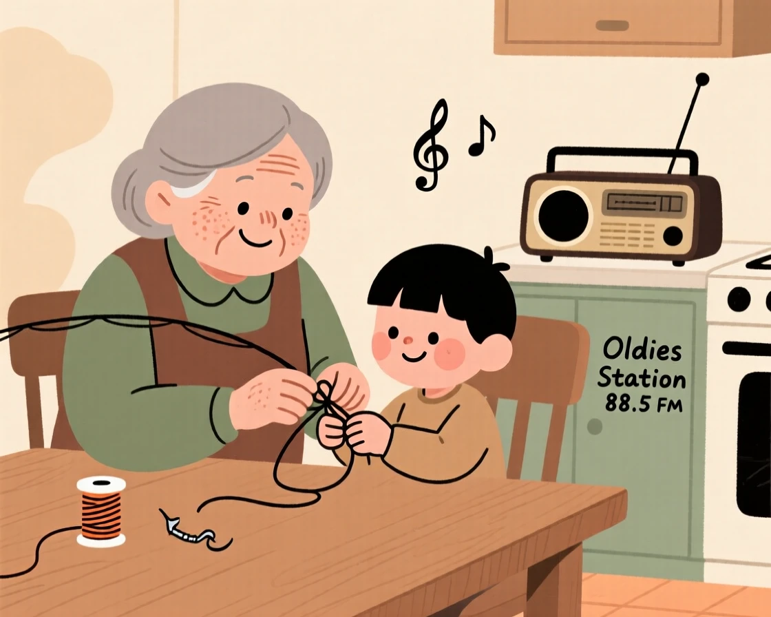 A grandmother teaches a eager grandchild how to tie a fishing knot at the kitchen table while the radio plays an old familiar tune, both focused and smiling.
