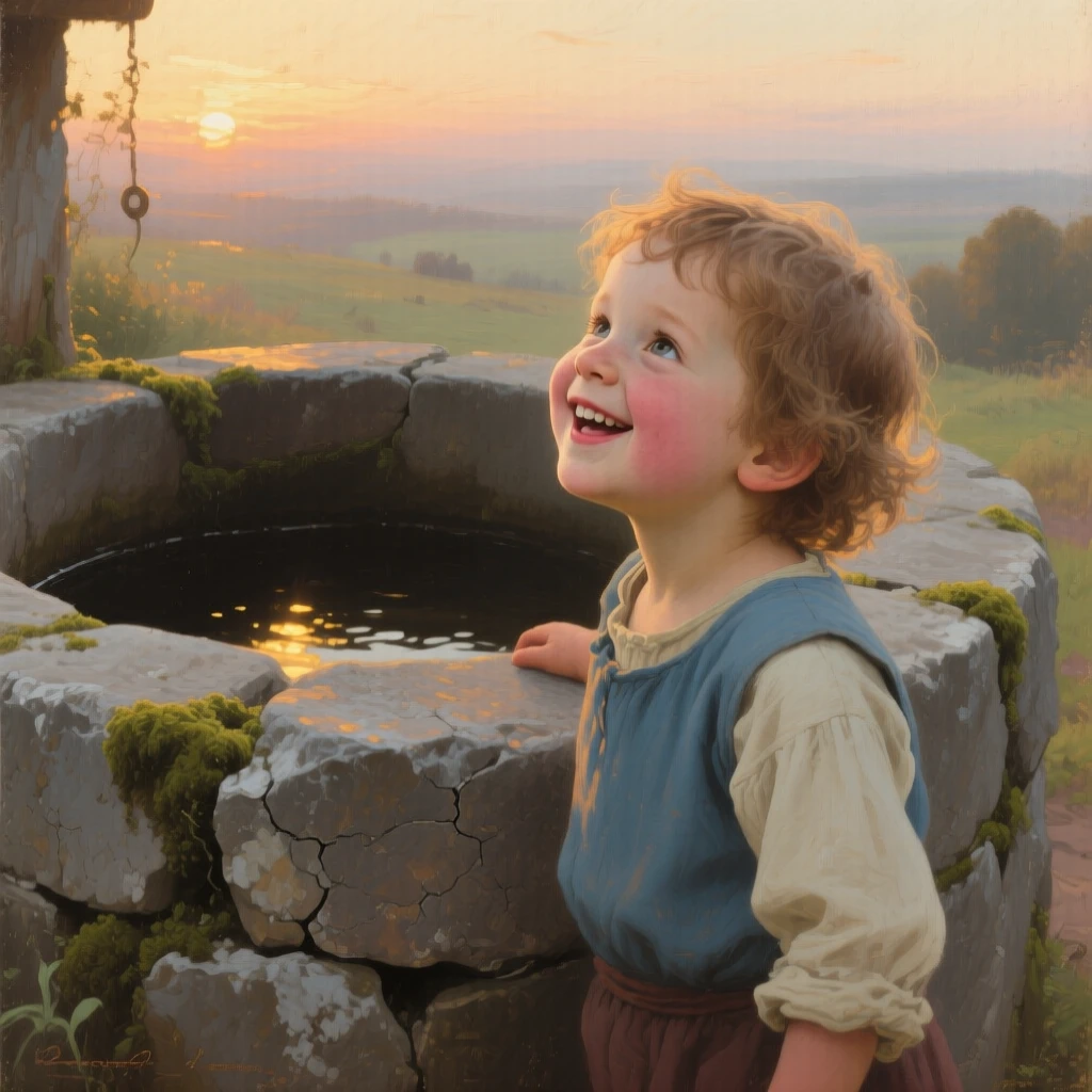 A tightly framed close-up of a small child beside an old stone well, brimming with joy, just after sunrise.