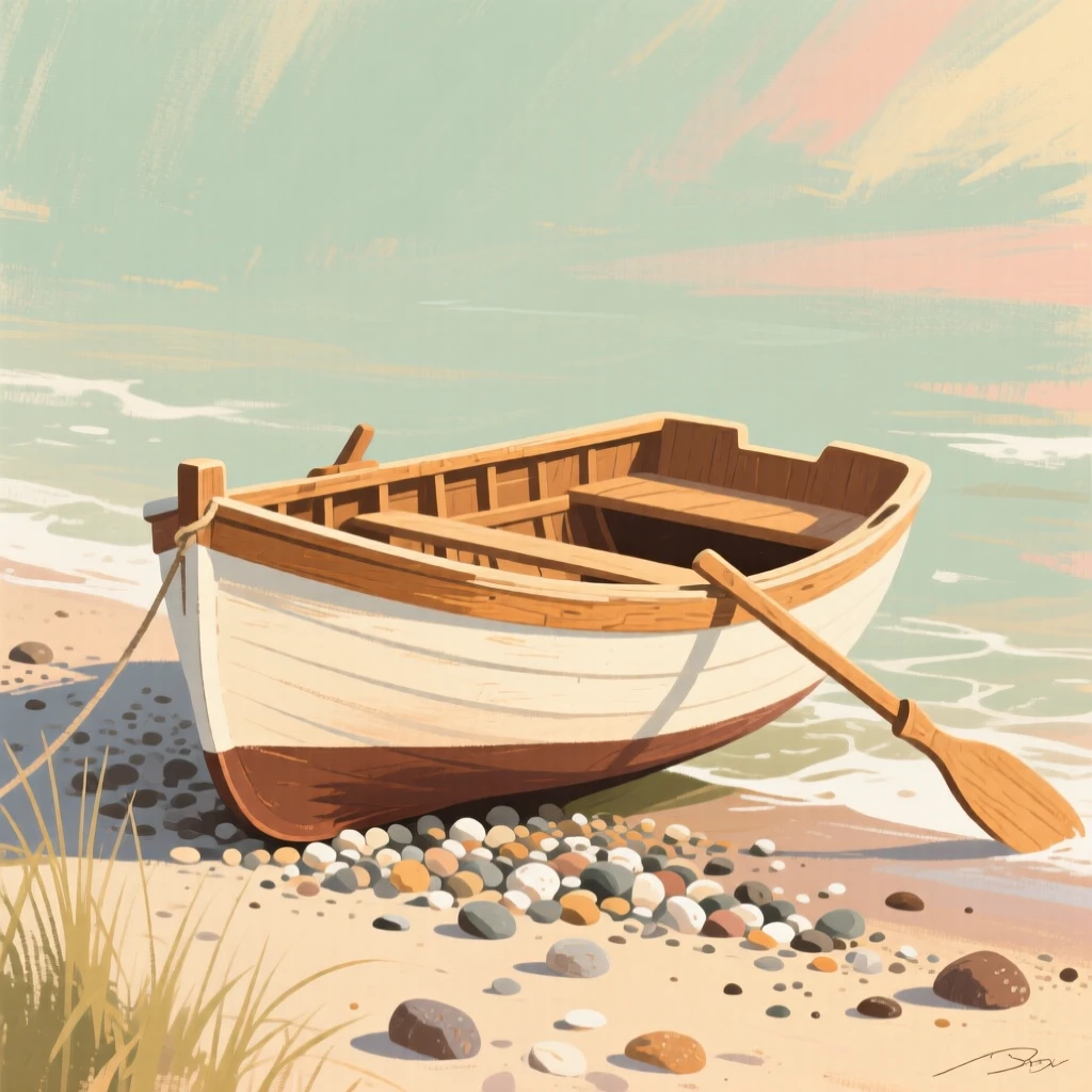 A small wooden dinghy pulled up on a pebbled beach