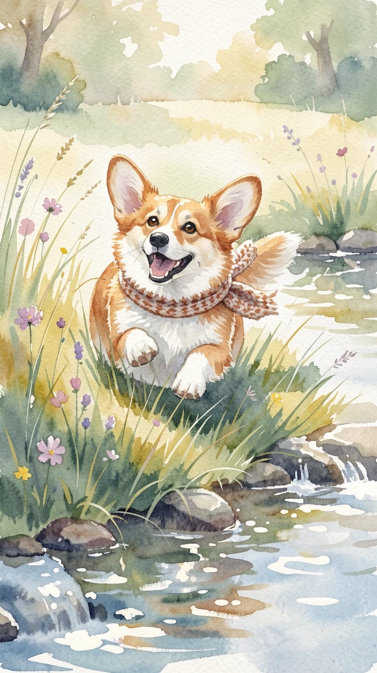 A corgi running through a meadow beside a babbling brook wearing a cozy knitted scarf.