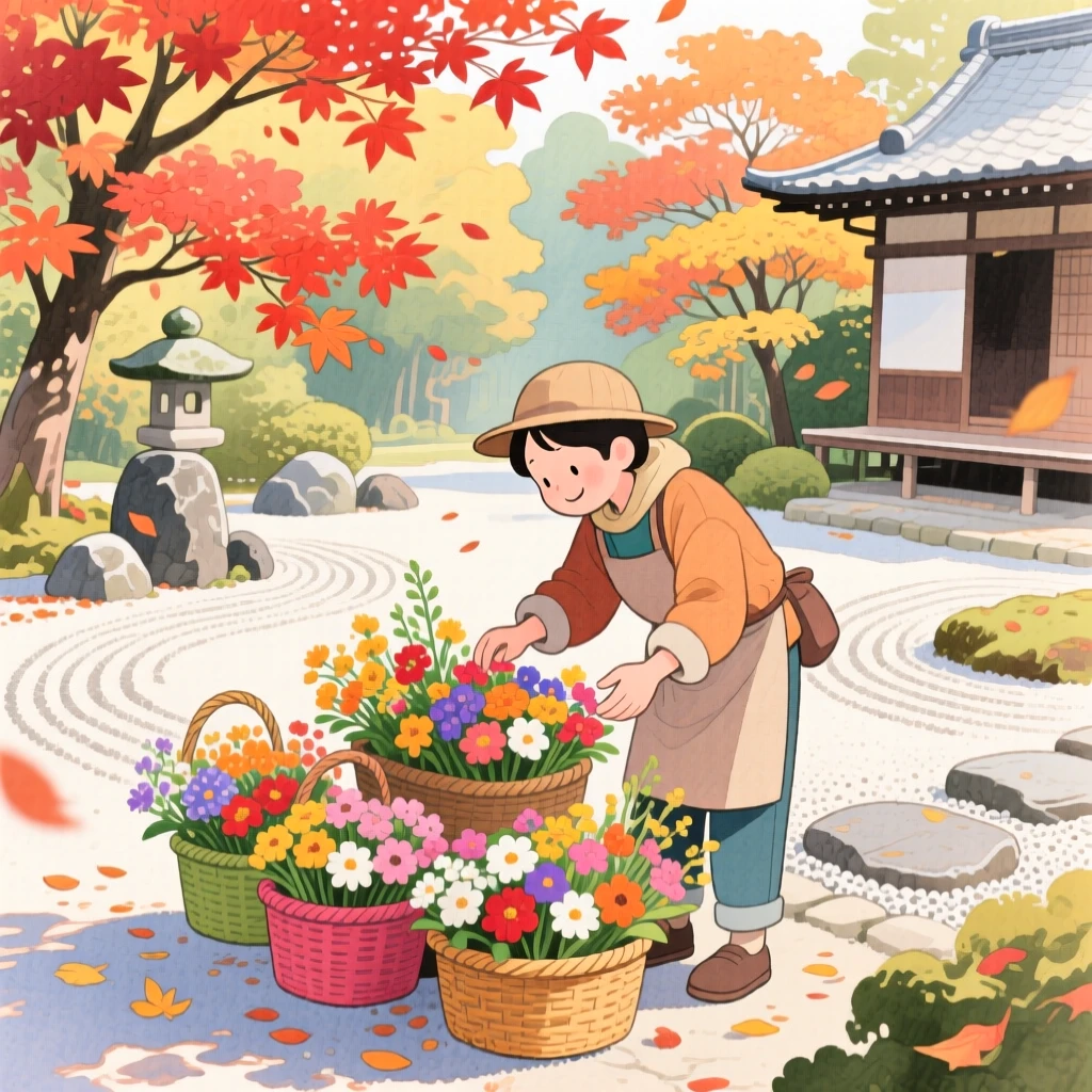 A local vendor arranges baskets of fresh flowers amid a serene Zen garden in Kyoto during autumn foliage, capturing the wonder of discovering a new place.