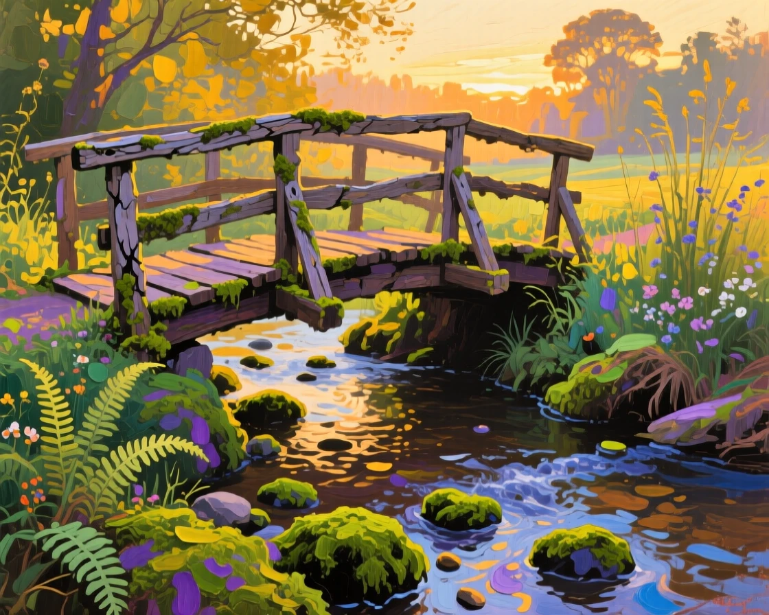 an old footbridge crossing a mossy stream, at the end of a warm day, from an inviting eye-level viewpoint.