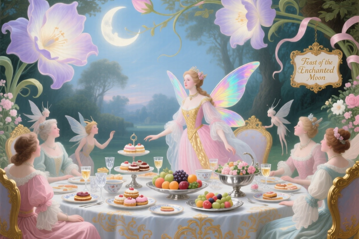 A fairy queen hosting a feast beneath giant moonflowers  