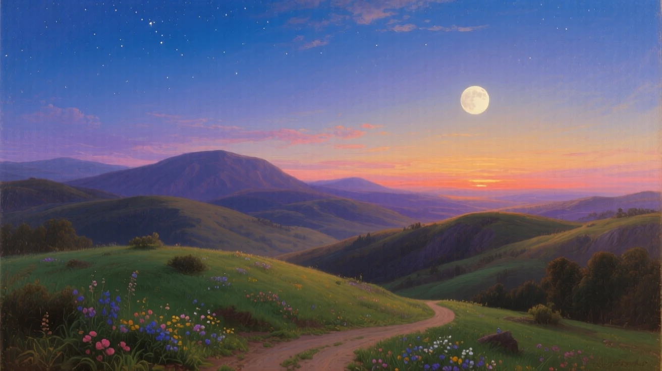The moon rises as the last light of sunset fades over rolling hills.
