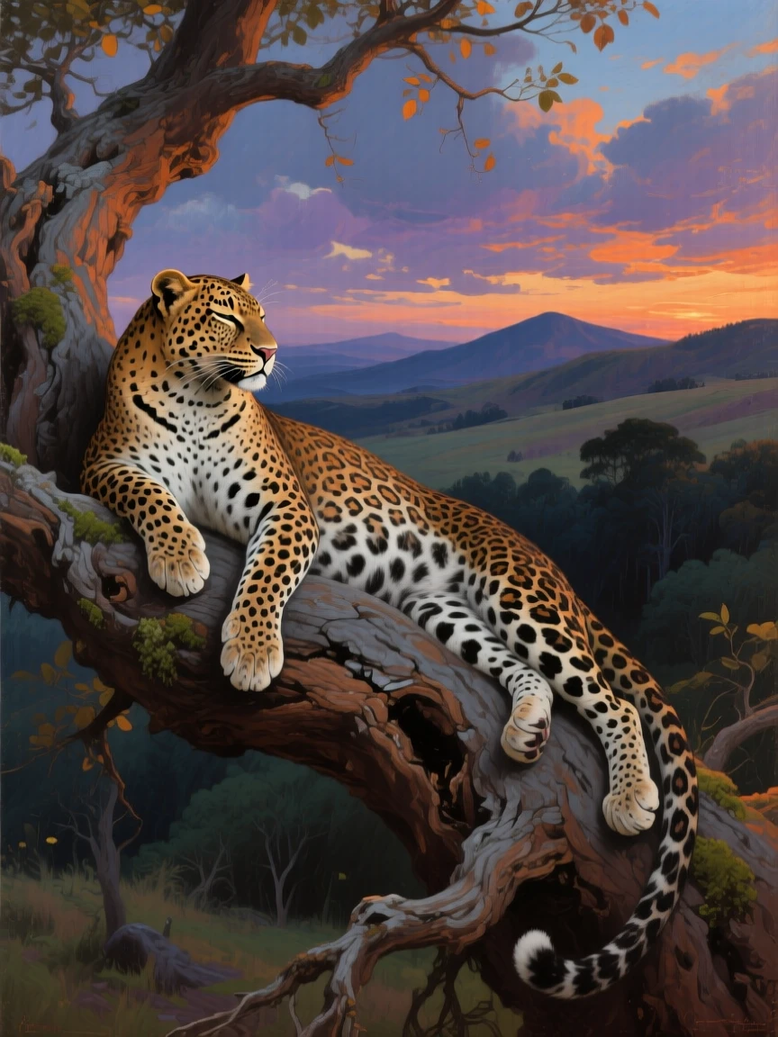 A leopard resting draped over a thick tree branch at dusk, framed against a vast and dramatic natural backdrop, evoking deep respect for the power and grace of nature
