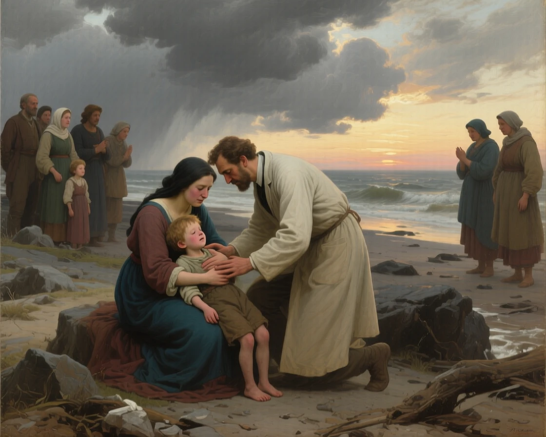 A physician tending to a feverish child through the night just as relief washes over every face, set on a storm-battered shoreline at first light, with storm clouds parting just behind the embracing figures; the surrounding onlookers form a soft frame around the emotional core, capturing love that has endured distance and time.