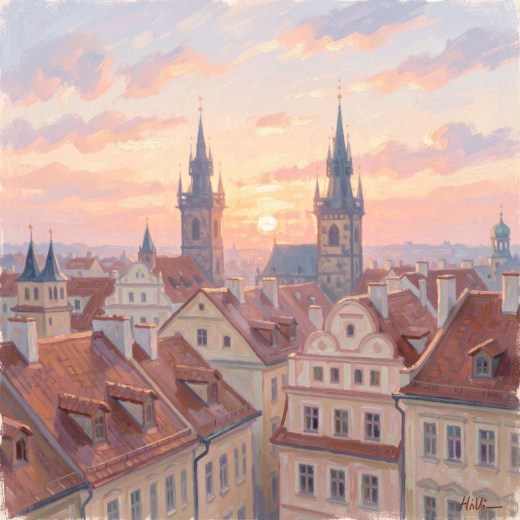 The rooftops of Prague's Old Town glowing under a pastel sunset, spires silhouetted against the sky.