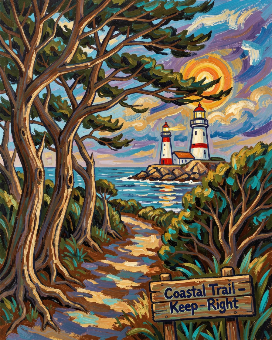 A coastal path through wind-bent trees leading to a lighthouse on the point.