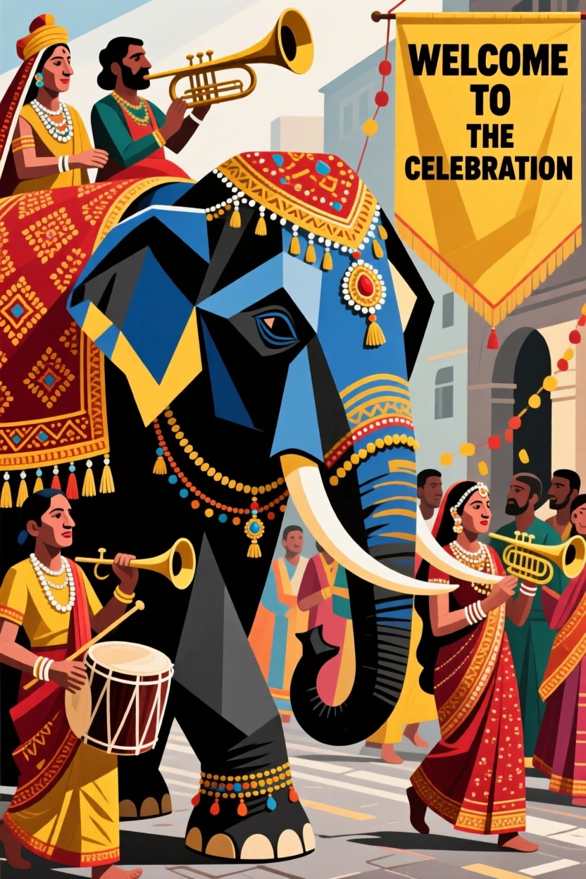 A traditional Indian wedding procession with an ornately decorated elephant.