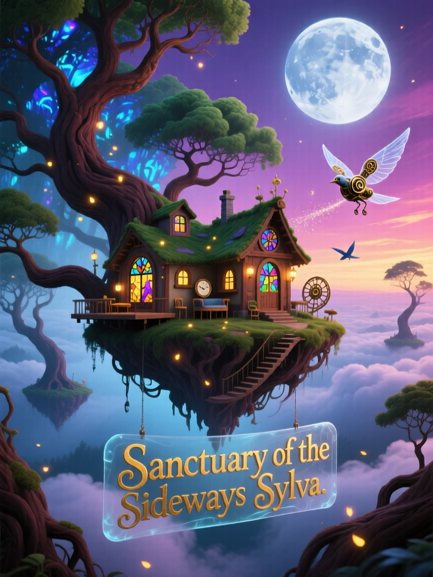 An entire forest suspended sideways in midair orbits silently through banks of soft cloud, as tiny lights flicker on in its windows one by one.