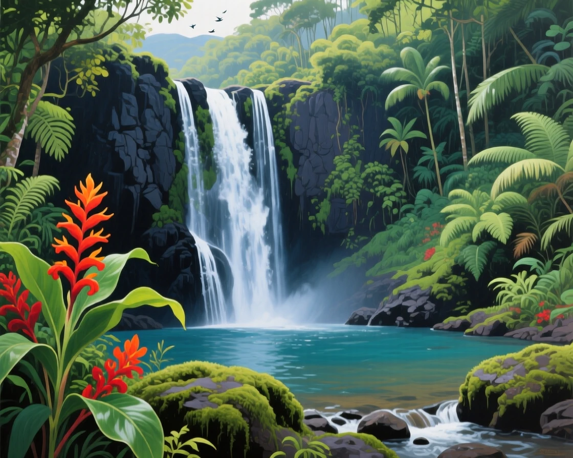 A remote jungle waterfall in Hawaii's Kauai island cascades down a sheer volcanic cliff into a hidden pool, wild ginger flowers blooming along the mossy banks, with the crisp, still air carrying only the faintest sounds of distant birdsong.