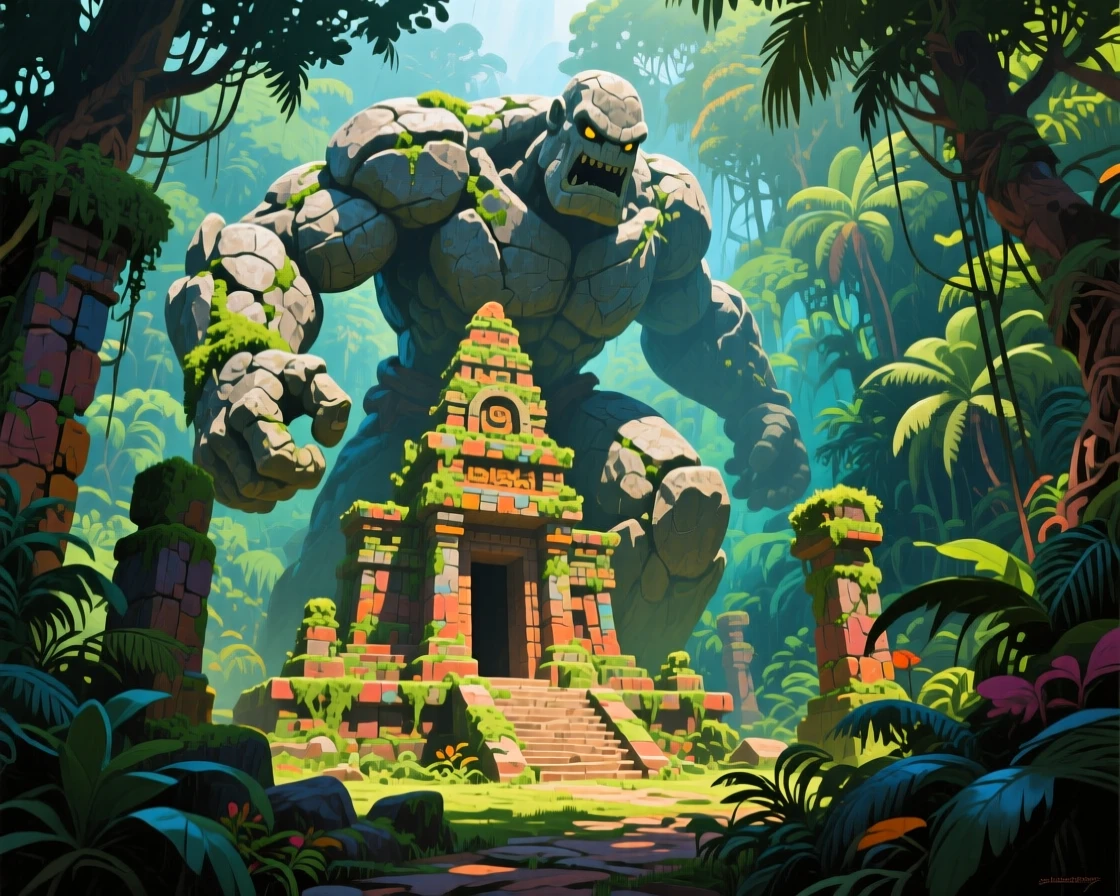 A colossal stone golem awakening in an ancient overgrown temple deep within the jungle