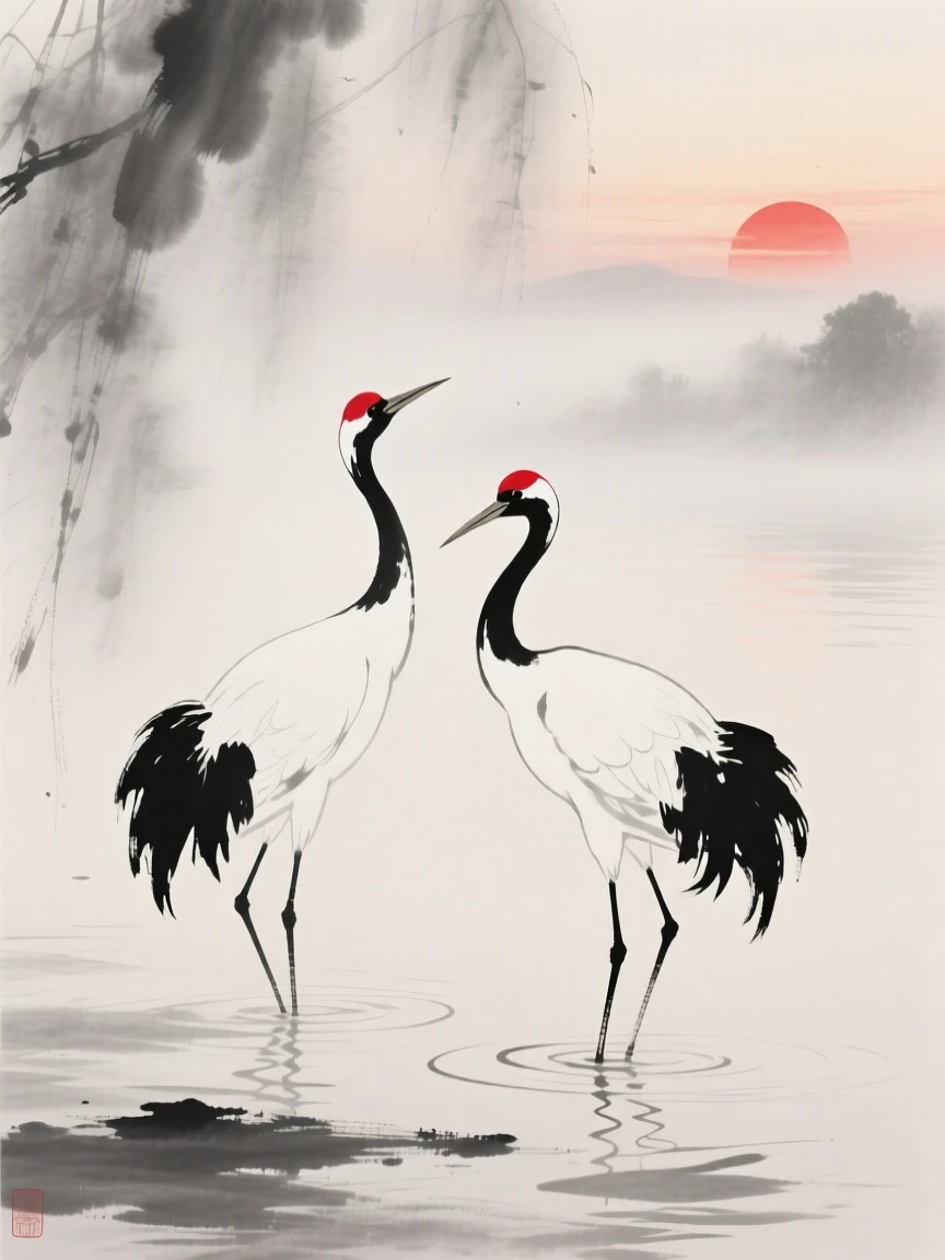 A pair of red-crowned cranes stand in shallow water at sunrise, beneath a canopy of drifting fog.