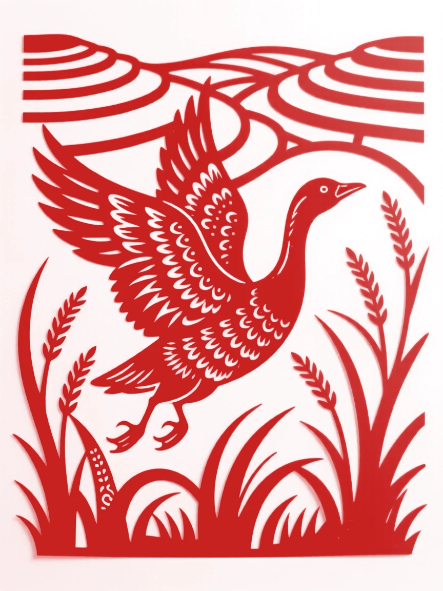 A wild goose, leaping through a field of tall grass, set against a backdrop of distant terraced fields.