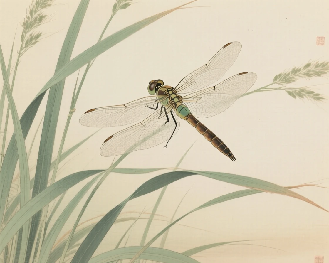 A dragonfly with translucent wings among tall grasses swaying in the breeze