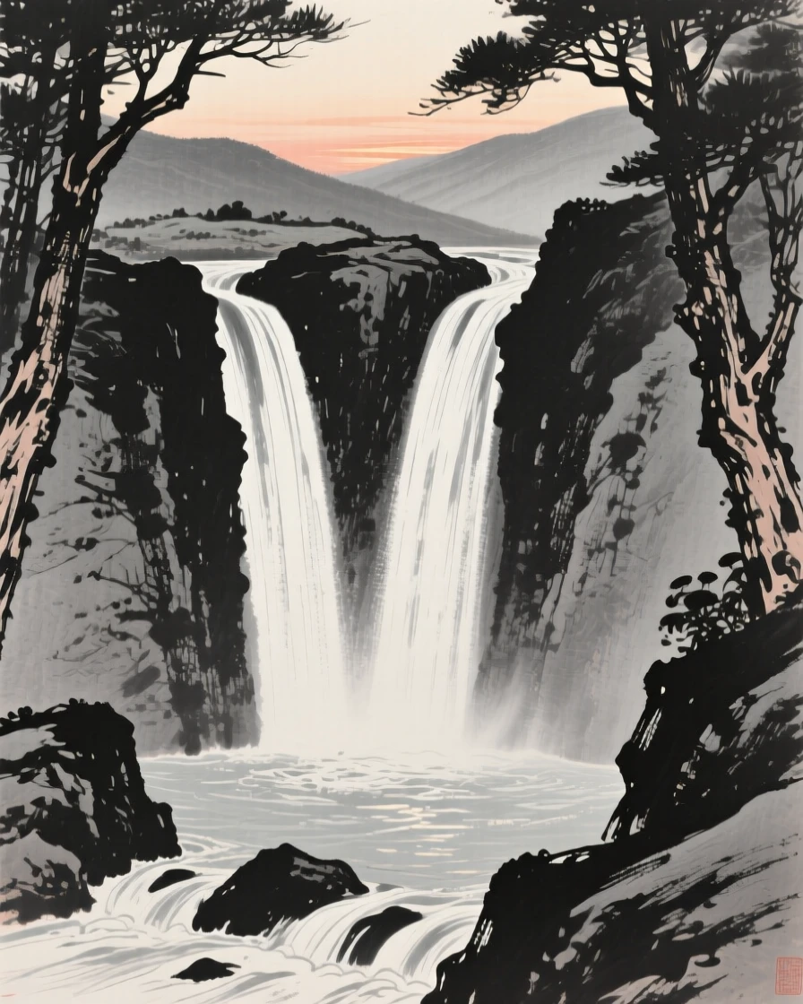 Twin waterfalls plunging side by side into a rocky basin with the last light of dusk catching the water's surface, framed through a gap in the trees, revealing the valley beyond, capturing a fleeting, serene moment suspended in time.