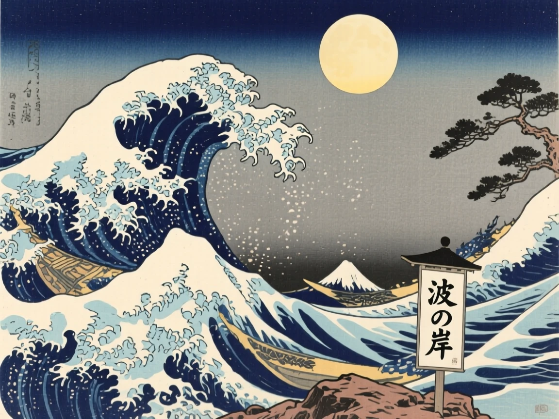 A rugged rocky coastline beneath towering ocean waves, under a full moon.