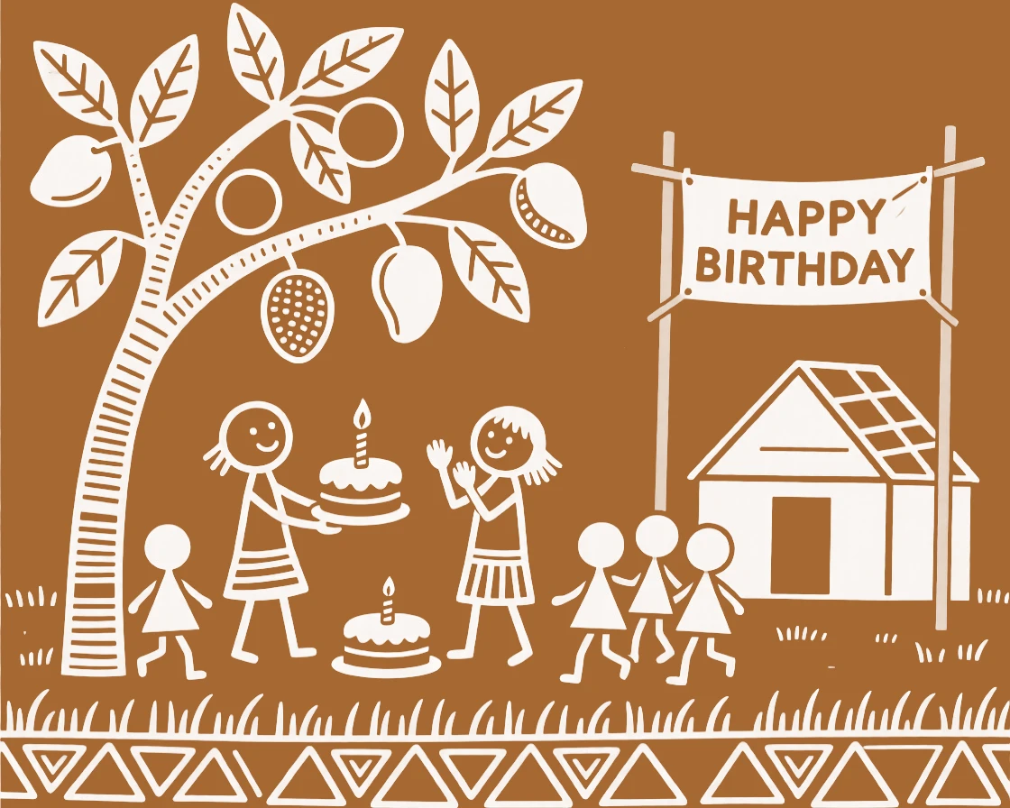 Two childhood friends celebrating a birthday with a simple gathering under the shade of a mango tree.