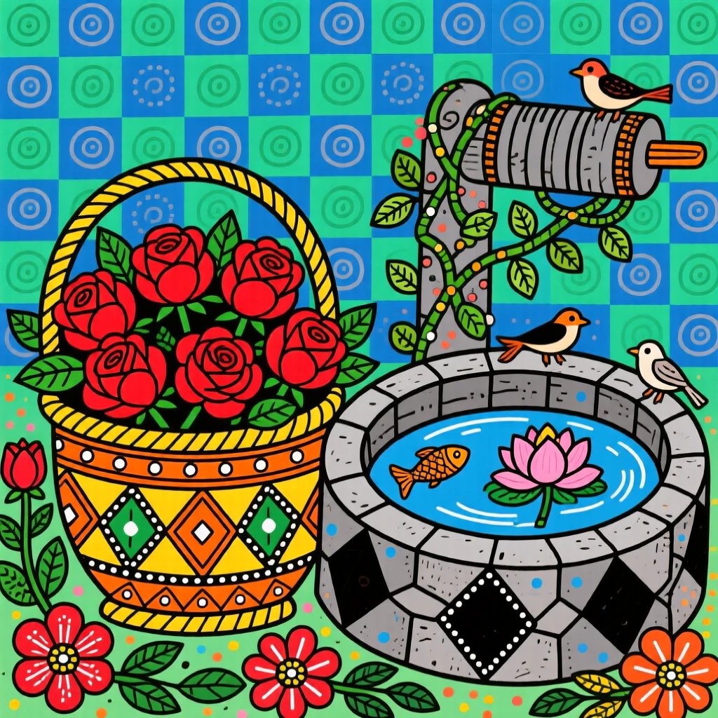 A basket overflowing with freshly cut red roses beside a well.