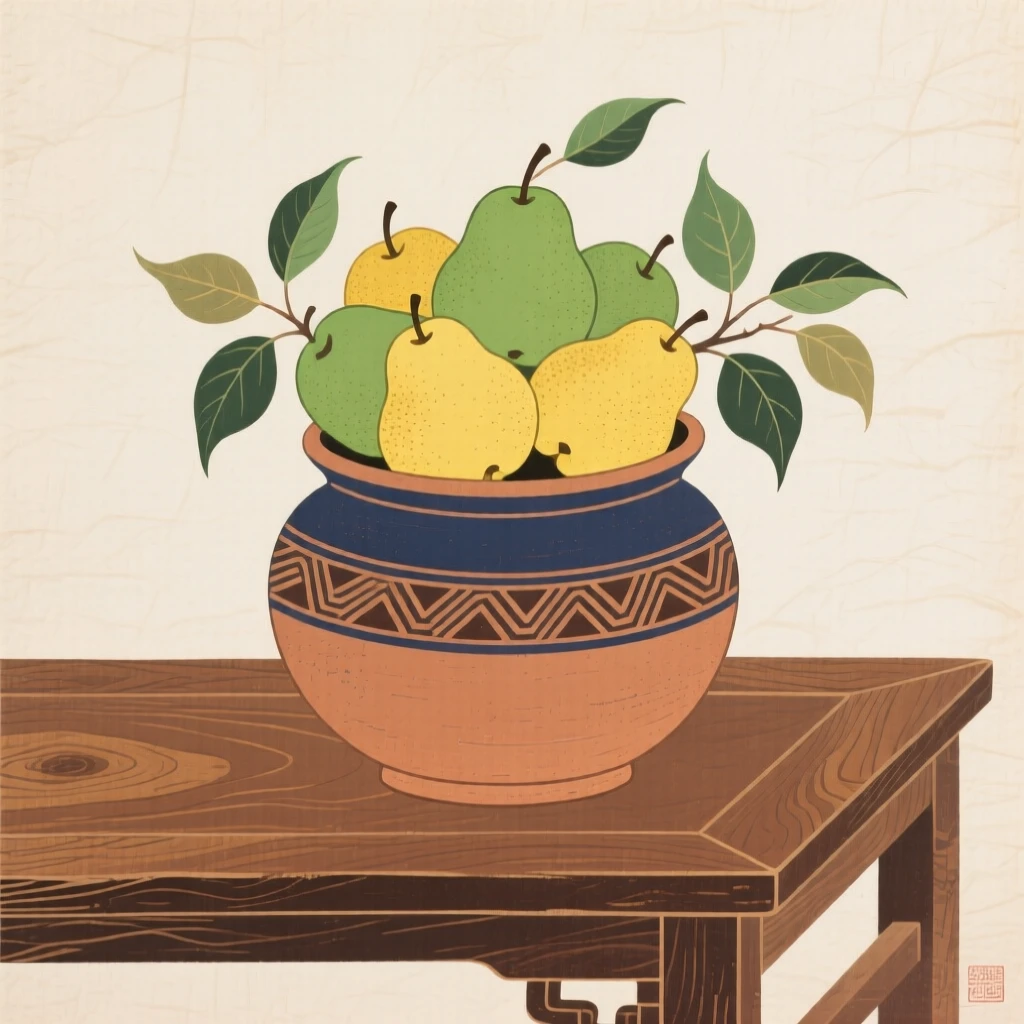 A bowl of fresh pears in a rustic clay vase on a wooden table.