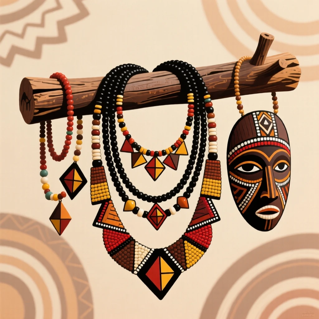 A collection of beaded necklaces draped over a wooden peg.