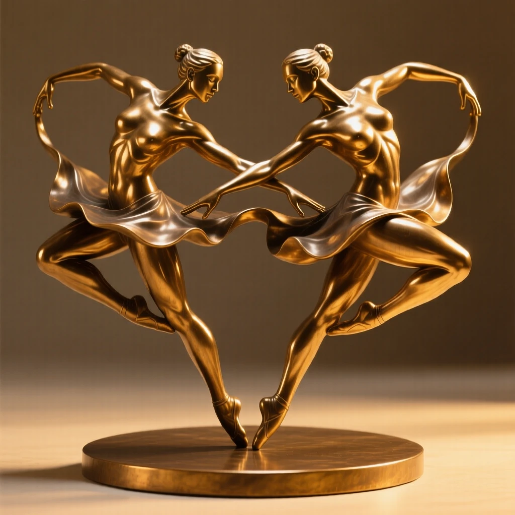 Twin dancers mirroring each other's movements, bathed in warm, golden light, forming a strong central focal point