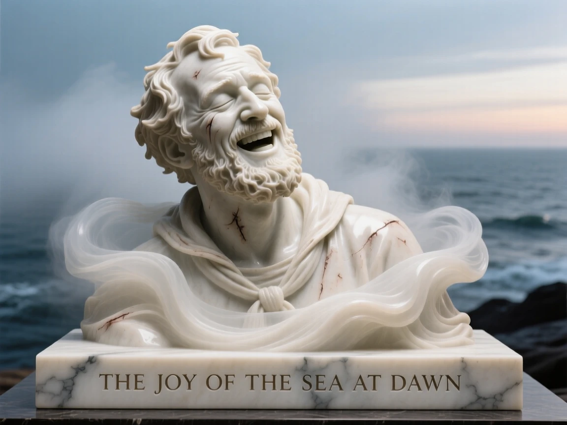 A tender portrait of a rugged sailor, caught mid-laugh with eyes closed, amid swirling fog at dawn, evoking warmth and humanity