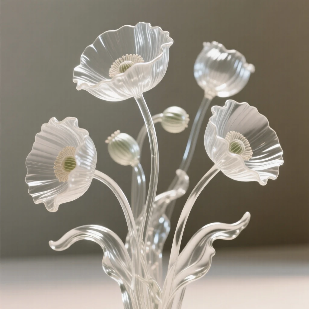 A macro close-up of poppies swaying in a breeze, every delicate detail in sharp focus, muted background, conveying delicate beauty and serenity.