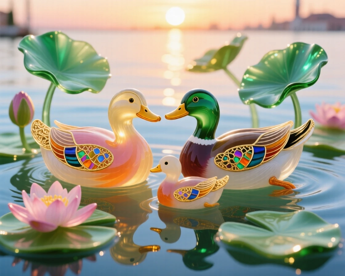 A family of ducks paddling through lily pads at sunrise, tender and peaceful.