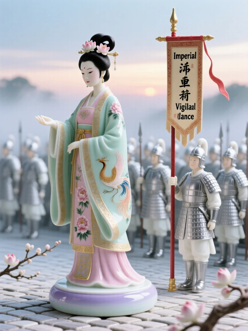 A regal Chinese empress reviewing troops at dawn, surrounded by the trappings of a bygone era.
